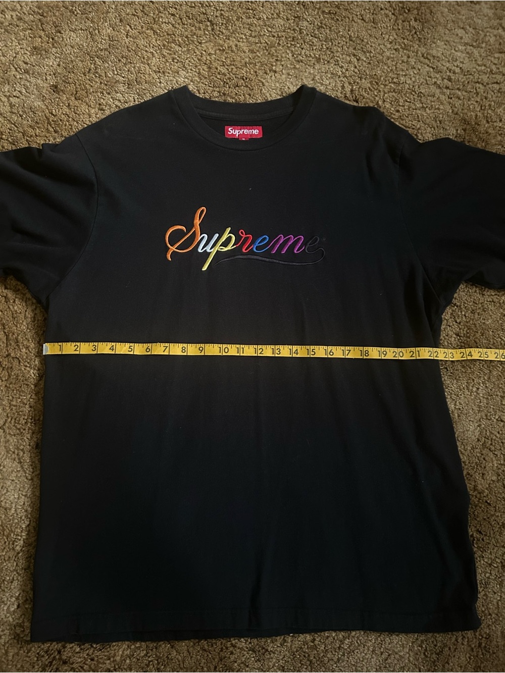 Supreme Black Tee with Rainbow Script Embroidery